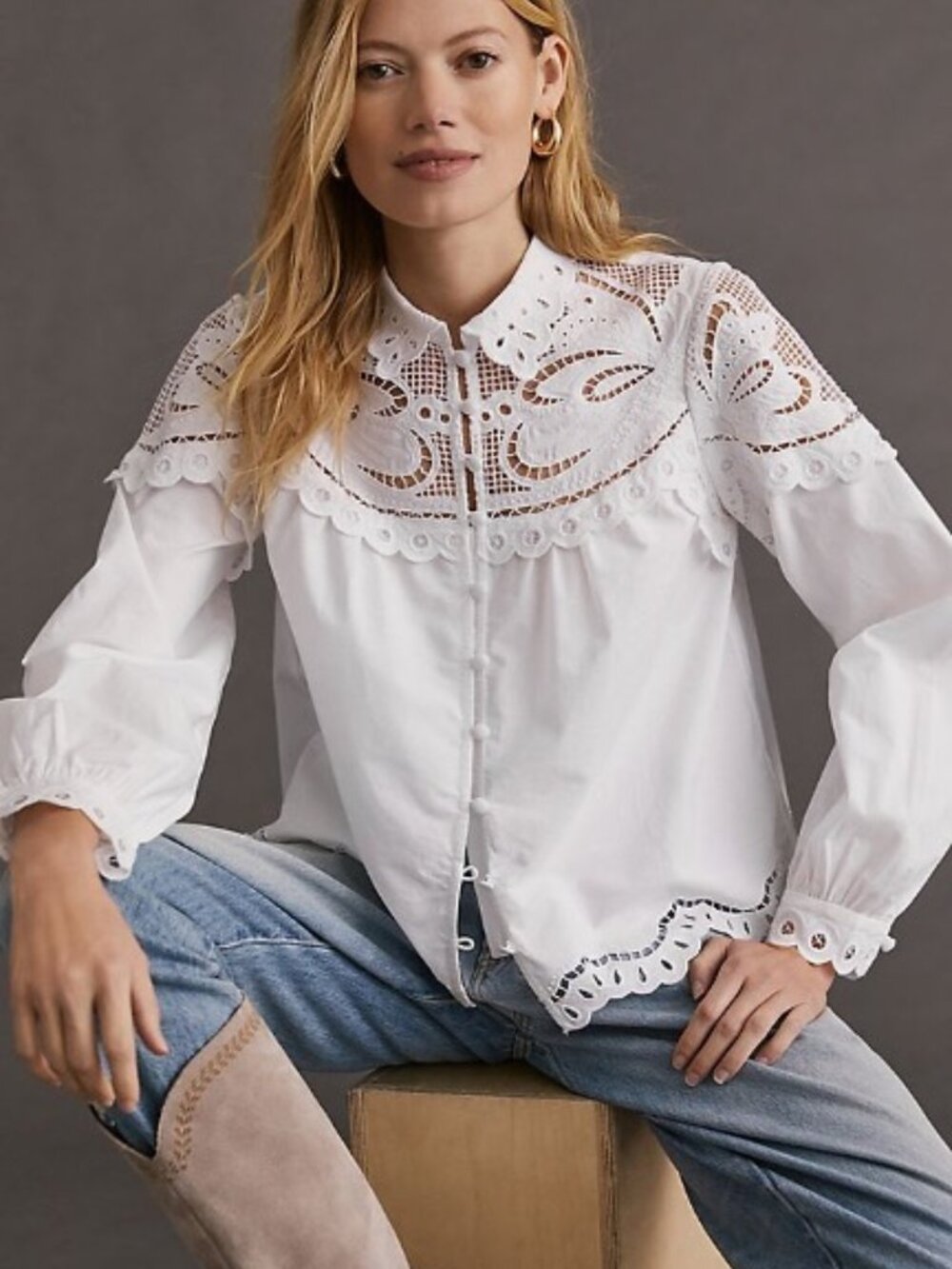 Embroidery Cut Out Lace Eyelet Button-down